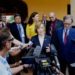 Minnesota Lieutenant Governor Tina Smith speaking with journalists after meeting with the president of Mayabeque’s People Power in San José de las Lajas, Cuba, on June 20. Photo: Ramón Espinosa / AP.