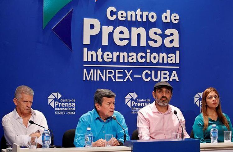 From left to right, the delegates of the Colombian National Liberation Army (ELN) Aureliano Carbone, Pablo Beltrán, Bernardo Téllez and Isabel Torres at a press conference on Thursday, August 2, 2018, at Havana’s International Press Center. Photo: Yander Zamora / EFE.