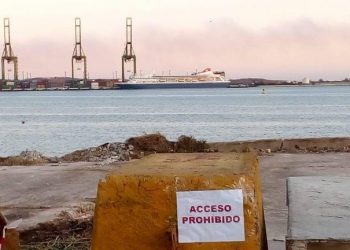 The British cruise ship MS Braemar (from a distance), with five confirmed cases of COVID-19 on board, performs its docking operation in the Cuban port of Mariel, on Wednesday March 18, 2020. Photo: Cubadebate.