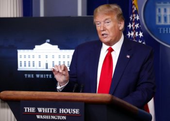 President Donald Trump speaks about the coronavirus in the James Brady Press Room of the White House, Monday, April 20, 2020. Photos: Alex Brandon/AP.