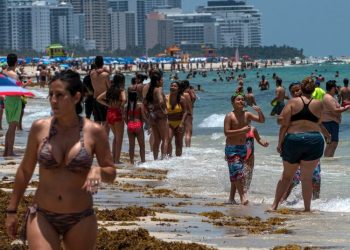 Hundreds of people visit the beach in Miami Beach this Wednesday in Florida (USA). The confirmed cases of COVID-19 in the state of Florida since last March 1 continue to increase and reached 67,371 this Wednesday, more than 20,000 of them in Miami-Dade County, which today opened its popular beaches. EFE/Giorgio Viera