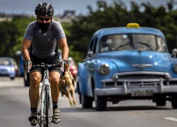 A cyclist wearing a mask as a precaution against the spread of the new coronavirus carries a chicken in his hand while pedaling his bicycle in Havana, Cuba, on Sunday, October 11, 2020. Photo: Ramón Espinosa/AP.