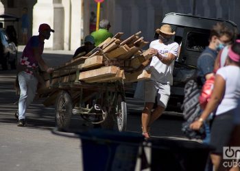 Men transporting wood during the outbreak of COVID-19 in Havana, in January 2021. Photo: Otmaro Rodríguez.