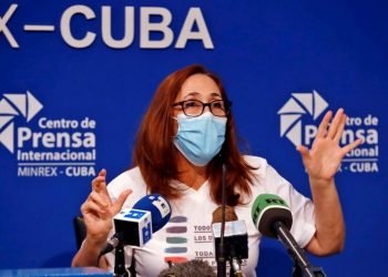 Mariela Castro Espín, director of the National Center for Sex Education (CENESEX), speaks at the press conference on the 14th Cuban Days against Homophobia and Transphobia, in Havana, on May 4, 2021. Photo: Ernesto Mastrascusa/EFE.
