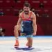 Greco-Roman wrestler Luis Alberto Orta celebrates after winning the first gold medal for Cuba at the Tokyo Olympic Games. Photo: EFE.