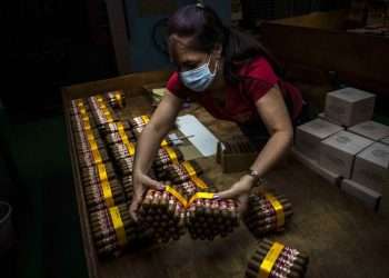 A worker wearing a protective mask packs cigars at the Partagás cigar factory in Havana, Cuba. Photo: Ramón Espinosa/AP/Archive.