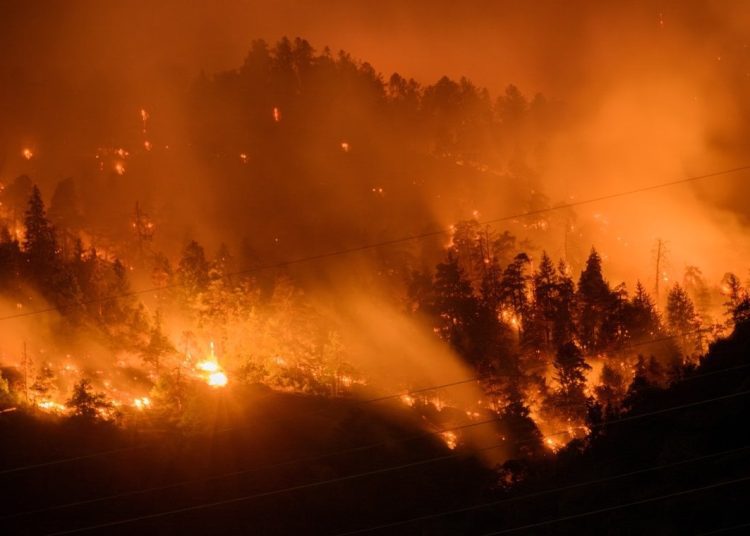 Smoke and flames rise from the burning forest in Bitsch, Switzerland. Photo: EFE/JEAN-CHRISTOPHE BOTT.