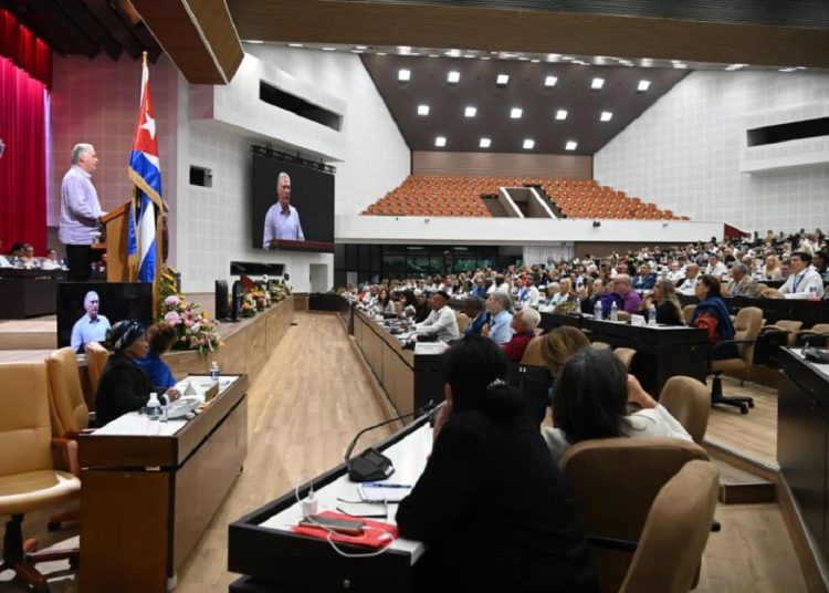 President Miguel Díaz-Canel speaks during the closing of the 4th The Nation and Emigration Conference, at the Havana Convention Center. Photo: @CubaMINREX/X.