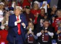 Donald J. Trump dances after giving a speech at the Circa Resort and Casino, Las Vegas, Nevada, on January 25, 2025. EFE/EPA/BIZUAYEHU TESFAYE