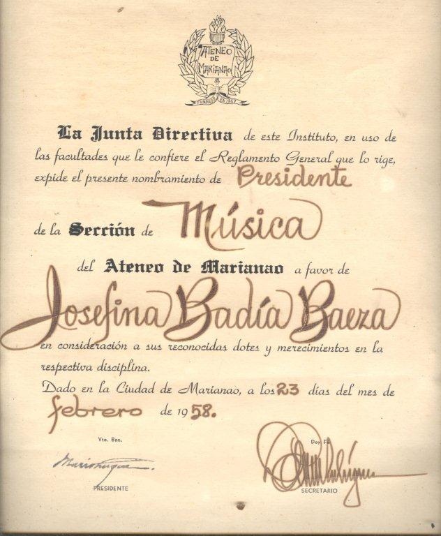 Presidenta de la Sección de Música del Ateneo de Marianao, 23 de febrero de 1958