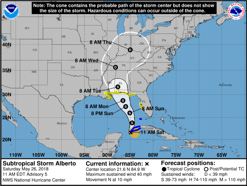 Cono de probabilidades de traslación del centro de la tromenta alberto. Información del 26 de mayo. 11: 00 am. Centro Nacional de Huracanes de Estados Unidos.