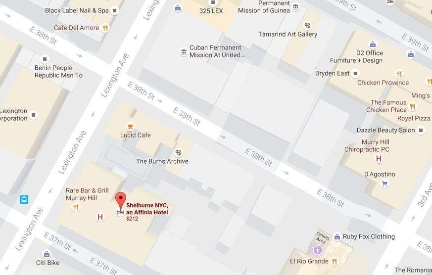 Ubicado en 303 Lexington Ave, muy cerca de la sede actual de la Misión Cubana en Naciones Unidas, el Hotel Shelburne fue el primer lugar donde se hospedaron los cubanos durante este viaje en 1960. Fuente: Google Map