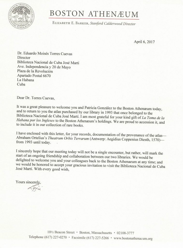 Carta enviada por El Ateneo al Dr. Torres Cuevas. Foto: Cortesía del Departamento de Historia de la Universidad de Harvard. 