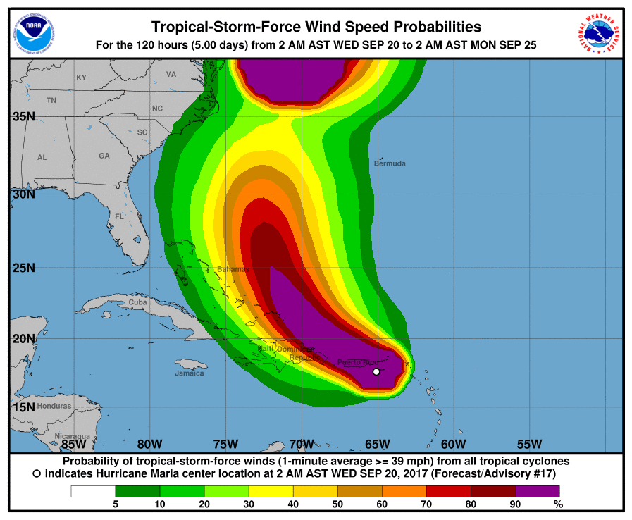 Probablididad de la fuerza de los vientos desde las 2am de hoy hasta el 25 de septiembre. Fuente: National Hurricane Center, 