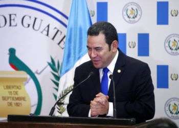 El presidente de Guatemala Jimmy Morales durante la inauguración de la embajada de su país en Jerusalén. Foto: Ronen Zvulun / Pool via AP.