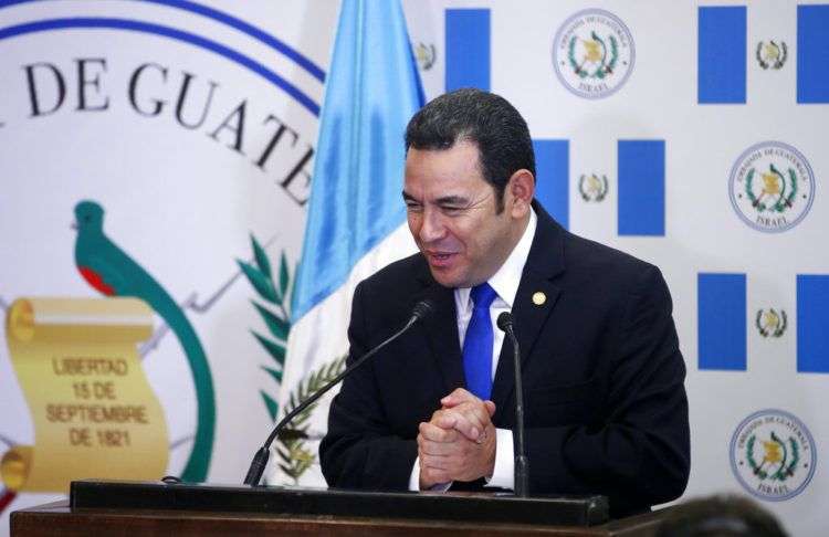 El presidente de Guatemala Jimmy Morales durante la inauguración de la embajada de su país en Jerusalén. Foto: Ronen Zvulun / Pool via AP.