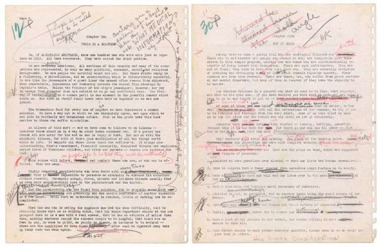 Imagen dada a conocer por la casa de subastas Profiles in History que muestra dos páginas del manuscrito original de Alcohólicos Anónimos. Foto: Profiles in History vía AP.