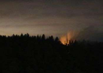 Humo y un resplandor naranja sobre la isla Ketron, en el estado de Washington. Un empleado de aerolínea se robo un avión desocupado de Horizon Air y momentos después se estrelló con la aeronave en la isla. Foto: Ted S. Warren/AP.