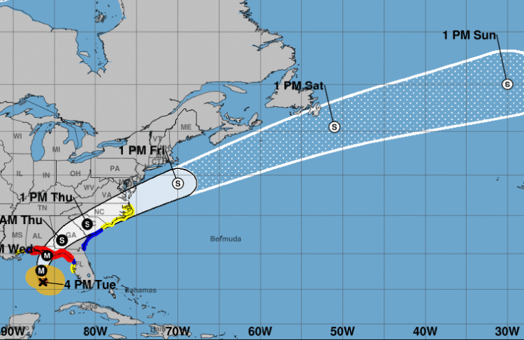 Florida enfrenta el embate del huracán Michael, que según los pronósticos tocará tierra en algún punto del noroeste del estado este miércoles. Infografía: nhc.noaa.gov