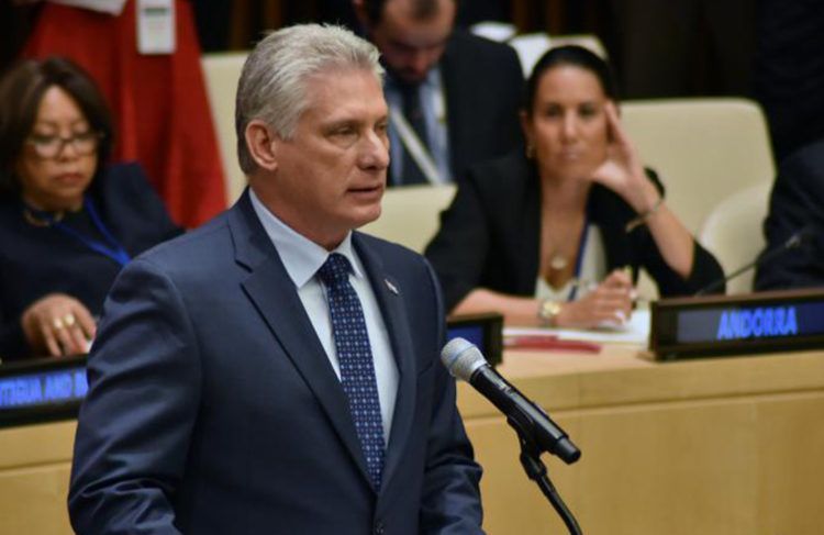 El presidente cubano, Miguel Díaz-Canel, en la conmemoración en la ONU del Día Internacional para la Eliminación Total de las Armas Nucleares. Foto: Estudios Revolución.