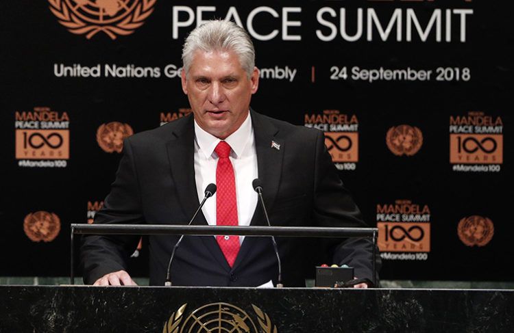 El presidente de Cuba, Miguel Díaz-Canel, interviene durante la cumbre de Naciones Unidas sobre la paz, dedicada a la memoria del expresidente sudafricano Nelson Mandela, durante la Asamblea General de Naciones Unidas celebrada en Nueva York, EE.UU., el 24 de septiembre del 2018. Foto: Justin Lane / EFE.