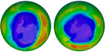 En esta combinación de imágenes proporcionada por la NASA se muestran zonas de bajo potencial de agotamiento de la capa de ozono sobre la Antártida en septiembre de 2000 (izquierda) y en septiembre de 2018. Foto: NASA vía AP.