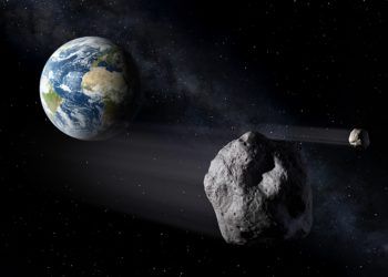 Recreación digital del paso de dos asteroides junto a la Tierra. Imagen: esmateria.com