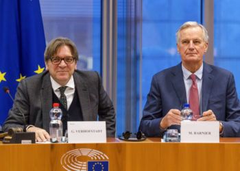 El coordinador del Brexit en el Parlamento Europeo, Guy Verhofstadt (izquierda), y el jefe de los negociadores del bloque, Michel Barnier, en una reunión sobre el Brexit en el Parlamento Europeo, en Bruselas, el 30 de enero de 2019. Foto: Geert Vanden Wijngaert / AP.