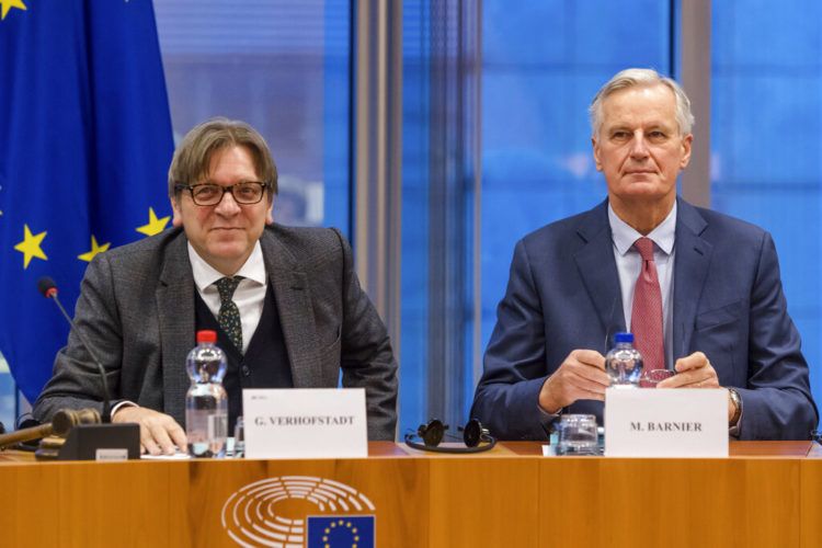 El coordinador del Brexit en el Parlamento Europeo, Guy Verhofstadt (izquierda), y el jefe de los negociadores del bloque, Michel Barnier, en una reunión sobre el Brexit en el Parlamento Europeo, en Bruselas, el 30 de enero de 2019. Foto: Geert Vanden Wijngaert / AP.