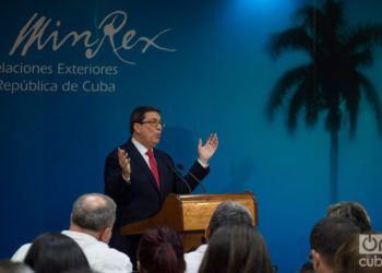 El canciller cubano, Bruno Rodríguez Parrilla, en una rueda de prensa en La Habana, el 19 de febrero de 2019. Foto: Otmaro Rodríguez.