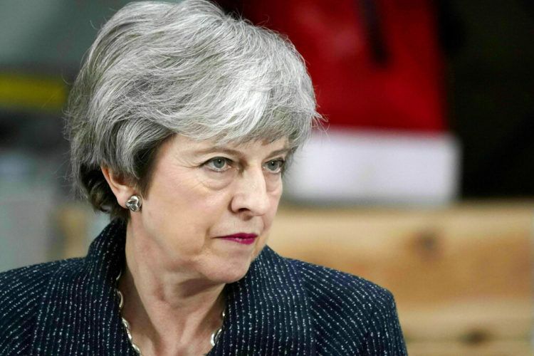 La primera ministra británica Theresa May habla en Grimsby, noreste de Inglaterra, el viernes 8 de marzo de 2019. Foto: Christopher Furlong / PA vía AP.