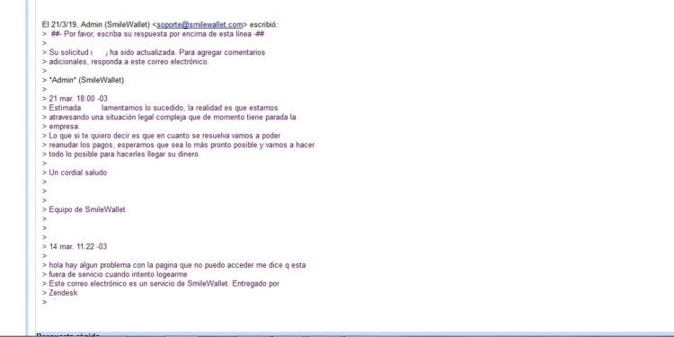 Mensaje de Smilewallet facilitado por una de las víctimas de la estafa. 