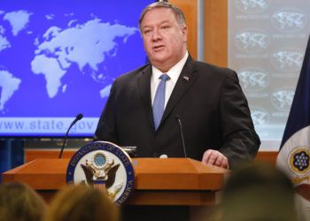 El secretario de Estado Mike Pompeo durante una conferencia de prensa en el Departamento de Estado en Washington, el miércoles 17 de abril de 2019. Foto: Pablo Martinez Monsiváis / AP.