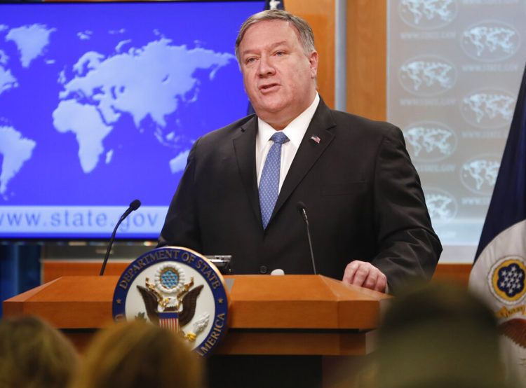 El secretario de Estado Mike Pompeo durante una conferencia de prensa en el Departamento de Estado en Washington, el miércoles 17 de abril de 2019. Foto: Pablo Martinez Monsiváis / AP.