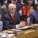 El vicepresidente de Estados Unidos Mike Pence, en el centro, se dirige a una reunión sobre Venezuela en el Consejo de Seguridad de las Naciones Unidas, el miércoles 10 de abril de 2019. (AP Foto / Bebeto Matthews)