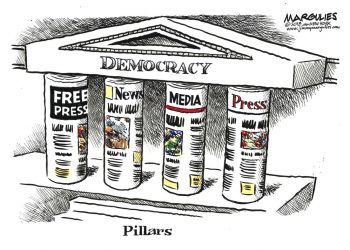 "Pillars" del caricaturista de King Features Jimmy Margulies en una imagen proporcionada por Jimmy Margulies. La pieza forma parte de la exposición "Front Line: Editorial Cartoonists and the First Amendment" abierta al público hasta octubre en la Biblioteca y Museo de la Caricatura Billy Ireland de Ohio State University en Columbus, Ohio. Foto: Jimmy Margulies vía AP.