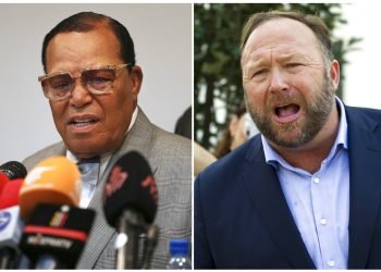 Louis Farrakhan, en Teherán, Irán, el 8 de noviembre de 2018 (izquierda), y a Alex Jones en Washington el 5 de septiembre de 2018. Foto: AP.