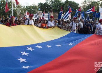 Imagen de archivo de una bandera de Venezuela y banderas cubanas en un desfile por el Día Internacional de los Trabajadores, en La Habana. Foto: Otmaro Rodríguez / Archivo.