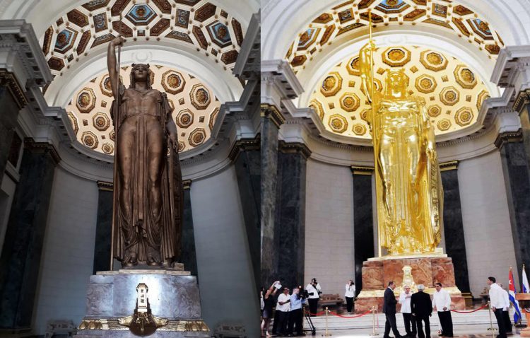 El antes y el después de la estatua de la República, recién restaurada en el capitolio cubano. Fotos: Facebook Katherine Hechavarría.