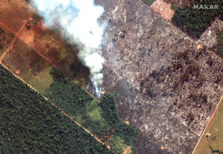 Esta imagen satelital del 15 de agosto de 2019 de Maxar Technologies muestra una vista de cerca de un incendio al suroeste de Porto Velho, Brasil. El Instituto Nacional de Investigación Espacial de Brasil, una agencia federal que monitorea la deforestación y los incendios forestales, dijo que el país ha visto un número récord de incendios forestales este año hasta el martes 20 de agosto. (Imagen de satélite © 2019 Maxar Technologies vía AP).