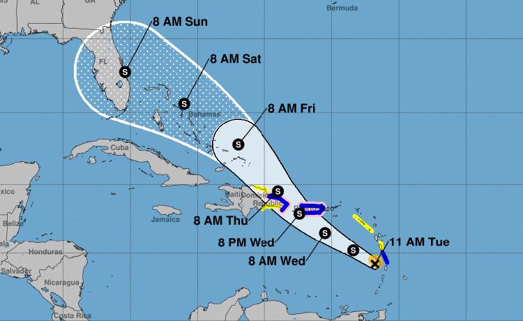 Cono de trayectoria pronosticada de la tormenta tropical Dorian, el martes 27 de agosto de 2019. Infografía: nhc.noaa.gov