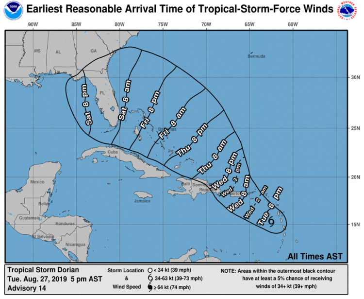 Imagen publicada por el Centro Nacional de Huracanes de Estados Unidos el 27 de agosto de 2019.