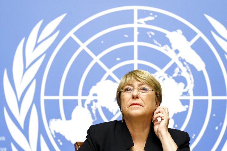 La Alta Comisionada de la ONU para los Derechos Humanos, la chilena Michelle Bachelet durante una conferencia de prensa en la sede europea de las Naciones Unidas en Ginebra, Suiza, el miércoles 4 de septiembre de 2019. Foto: Salvatore Di Nolfi / Keystone a través de AP.