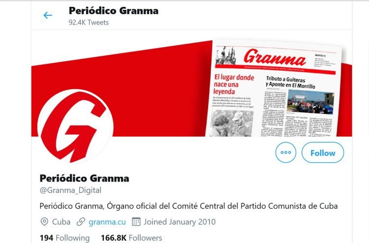 Captura de pantalla del perfil del diario Granma en Twitter.