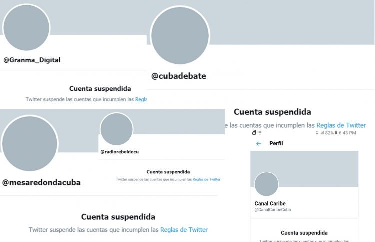 Collage: de cuentas de medios cubanos bloqueados en Twitter. Imagen: Marita Pérez Diaz.