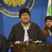 El presidente boliviano Evo Morales habla desde el hangar presidencial en El Alto, Bolivia, el domingo 10 de noviembre de 2019, horas antes de renunciar a la presidencia para facilitar la pacificación del país. Foto: Enzo De Luca/Agencia Boliviana de Información vía AP.