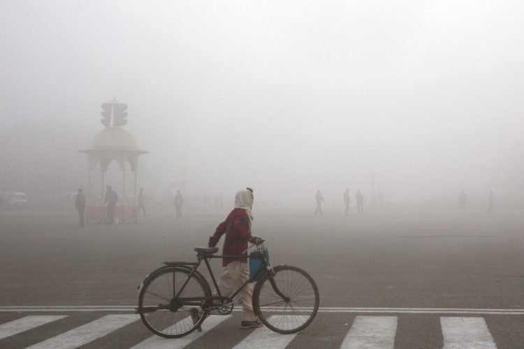 Un ciclista en medio del smog matutino en Nueva Delhi, India. Foto: Manish Swarup / AP / Archivo.