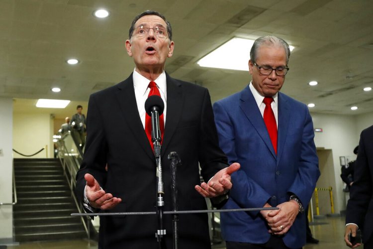 El senador John Barrasso, al centro, congresista por Wyoming y presidente de la Conferencia Republicana, habla ante los medios en compañía del senador republicano Mike Braun, de Indiana, en el Capitolio, durante el juicio político al presidente Donald Trump, en Washington, el jueves 30 de enero de 2020. (AP Foto/Julio Cortez)