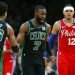 Jaylen Brown (7) de los Celtics de Boston celebra con Marcus Smart (36) tras anotar frente a Tobias Harris de los 76ers de Filadelfia, el sábado 1 de febrero de 2020. Foto: AP/Michael Dwyer.