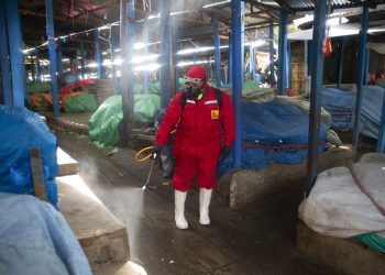 Un trabajador de la ciudad fumiga para ayudar a contener la propagación del nuevo coronavirus en un mercado normalmente abarrotado en La Paz, Bolivia, el lunes 30 de marzo de 2020. (AP Foto / Juan Karita)